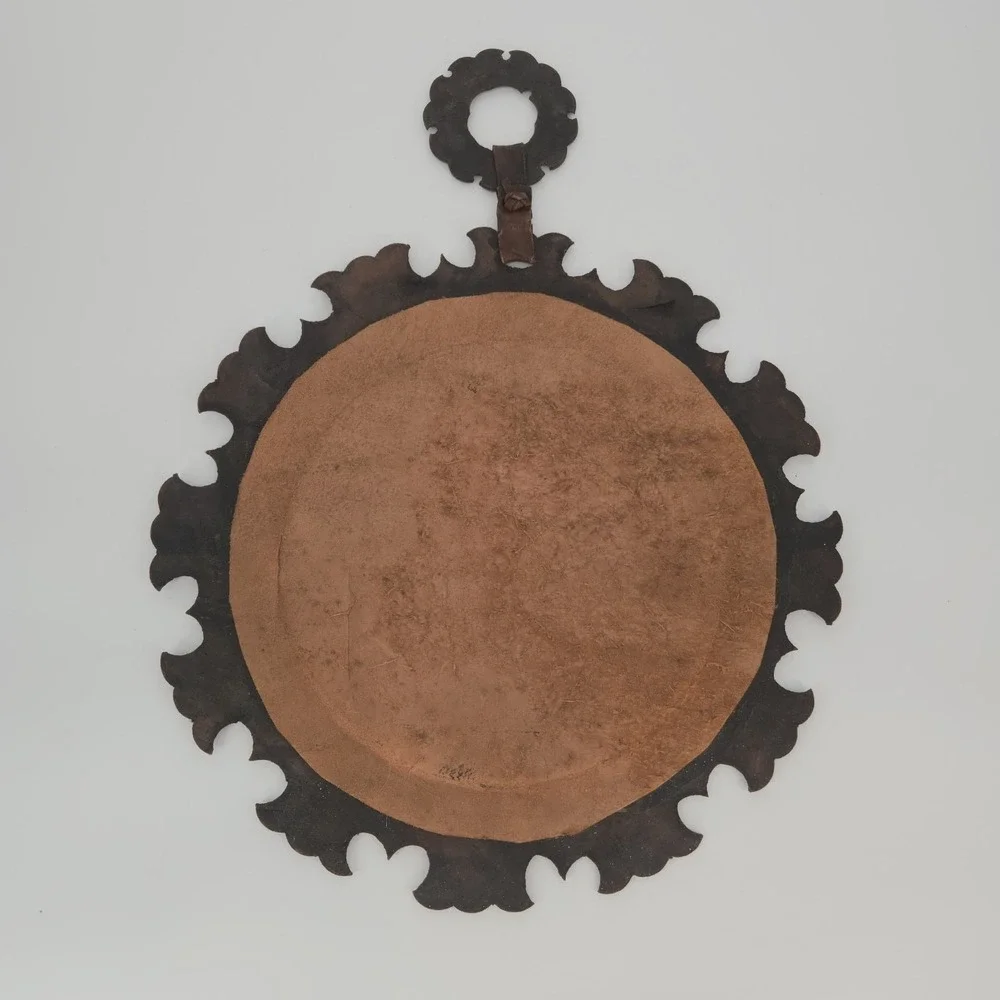 Tooled Leather Round Wall Mirror Floral Boho Moroccan Folk Art Decor Vintage